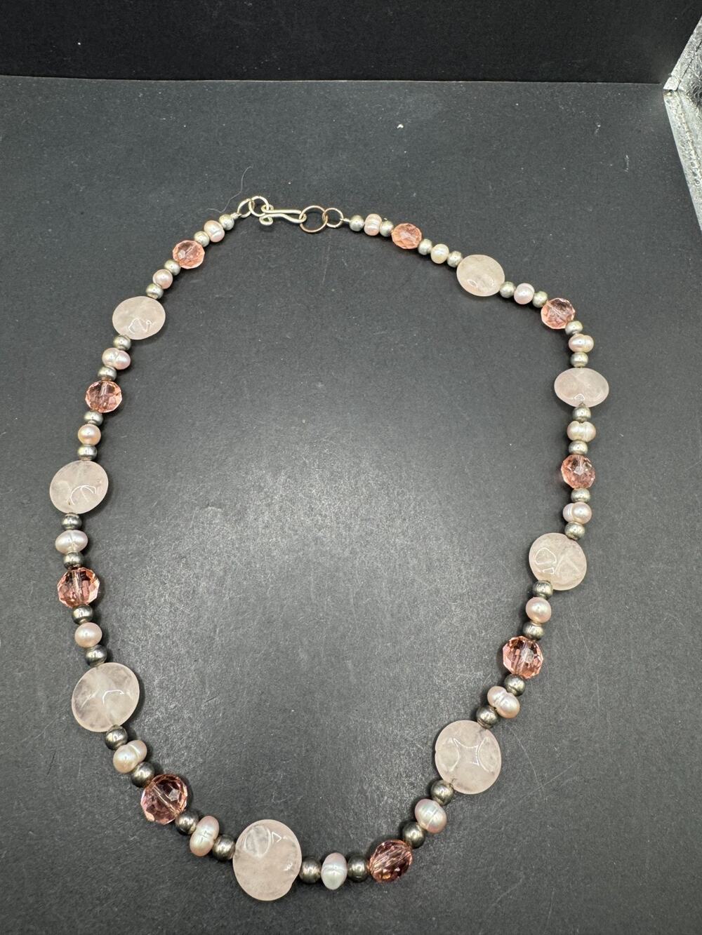 Vintage Faux Pearl and Pink Stone Carved Silver-Tone Metal Spacer Beads Necklace